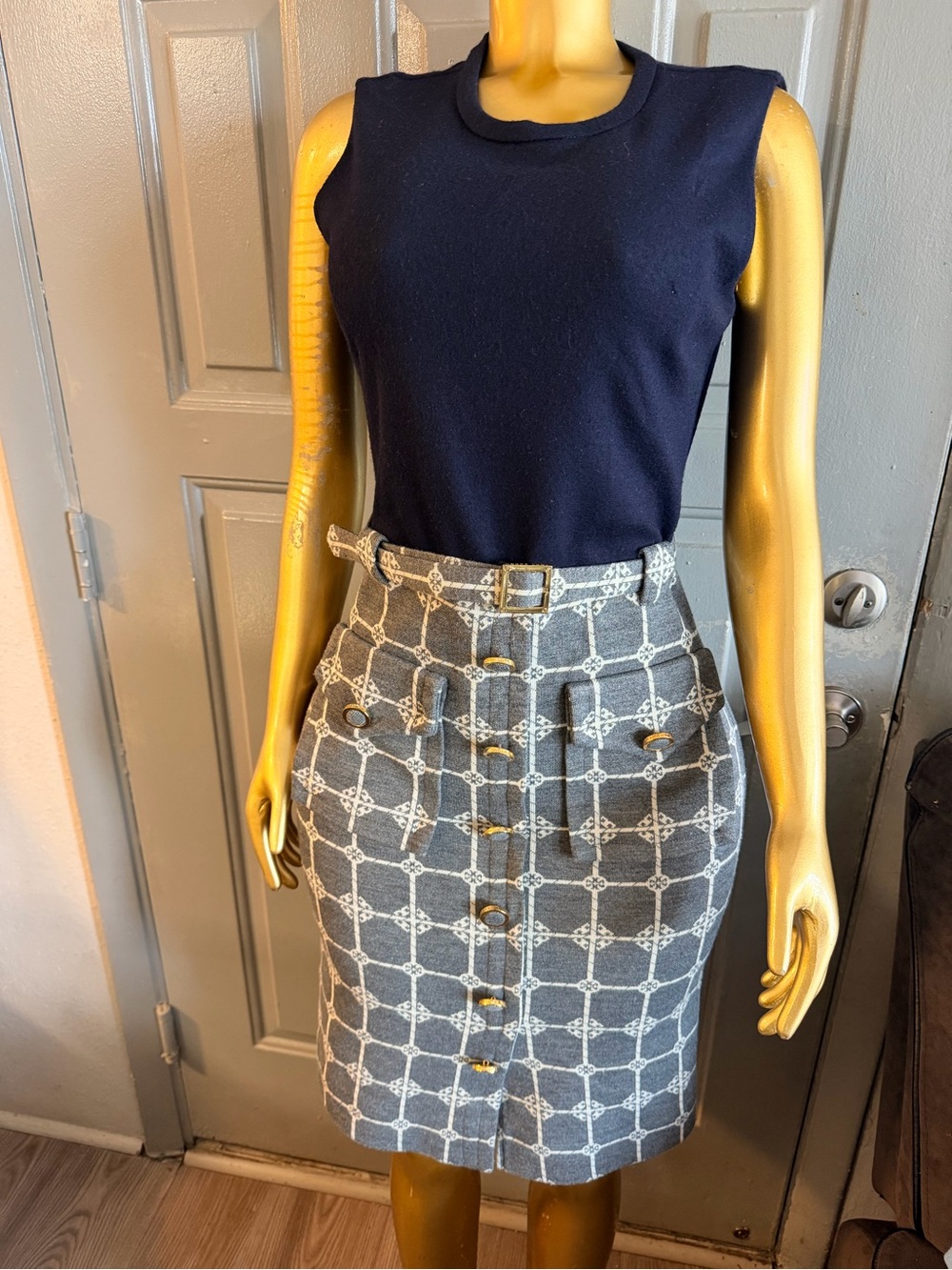 Tory Burch Gray & White Lattice Button-Front Pencil Skirt